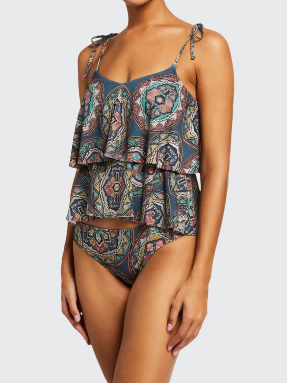 Johnny Was Spezia Mosaic Tie-Shoulder Tiered Tankini Swim Top and bikini bottom